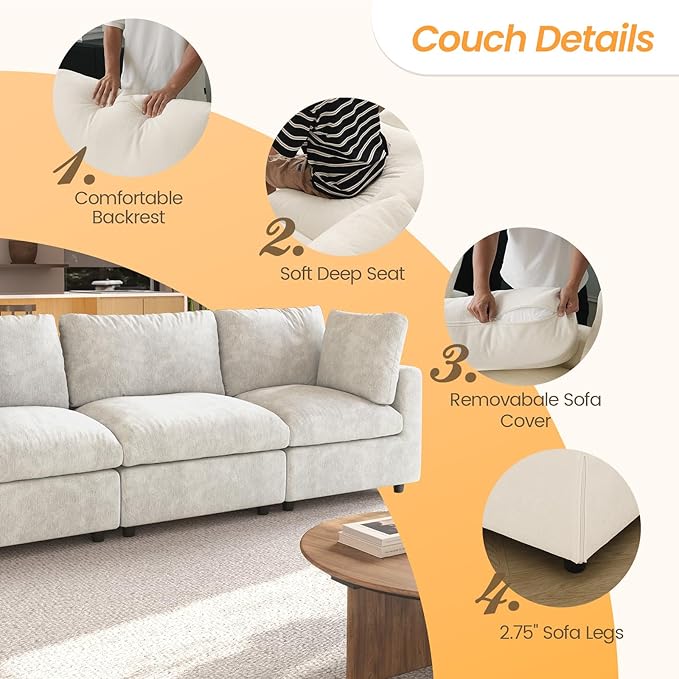 JACH 3-Seater Sectional Couches for Living Room, Deep Seat Modular Sofas, Cloud Sectional Couch, Sofa Covers Washable, Minimalist Modern Sofa for Living Room, Apartment, Beige