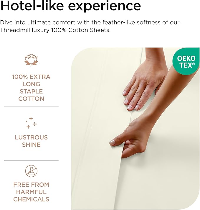 Threadmill 100% Cotton Sheets for Queen Size Bed - 600 Thread Count Queen Bed Sheets Set with 16” Deep Pocket - Sateen Weave 4-Piece Bedding Set with Cooling Effect, Ivory