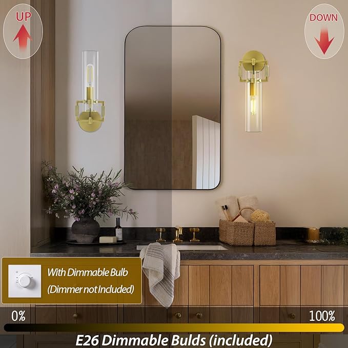 Modern Brass Wall Sconces,15.3'' Hardwired Wall Sconce with Knurled,Farmhouse Indoor Bathroom Sconce,Gold Vanity Lights for Bathroom,Glass Wall Sconce for Living Room,Bedroom,Hallway,Staircases