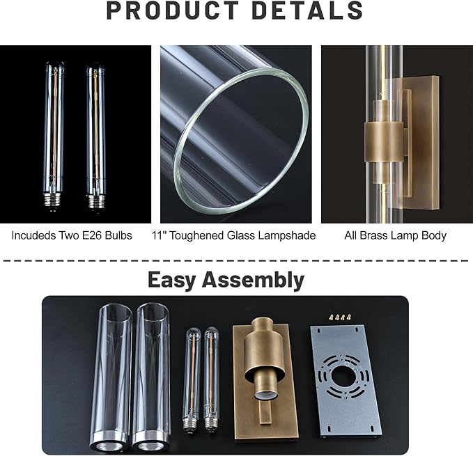 Modern Brass and Glass Wall Sconces, 24" Vanity Lights for Bathroom 2 Lights, Horizontal or Vertical Linear Wall Sconce,Indoor Sconces Wall Lighting,Bathroom Wall Sconce Set of Two