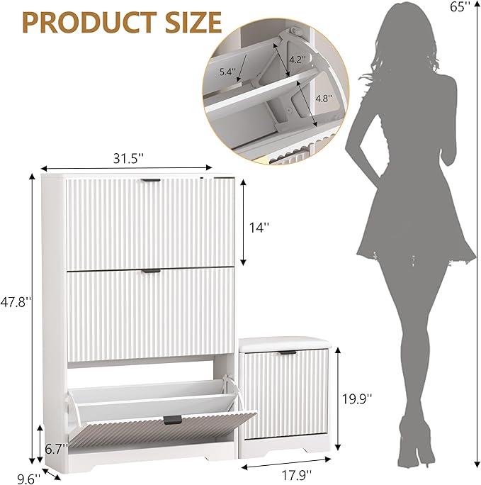 Shoe Cabinet Storage for Entryway with 4 Flip Drawers, White Fluted Shoe Cabinet with Bench, Wooden Hidden Shoe Rack Freestanding Narrow Slim Shoes Storage Organizer for Hallway, Entrance