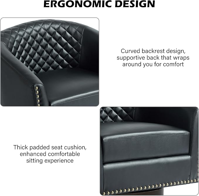 Swivel Barrel Accent Chair, Comfy Modern Upholstered Round Faux Leather Arm Chair for Living Room, Bedroom（Black, Set of 1