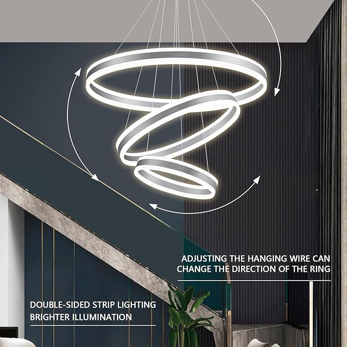 Modern LED Dimmable Chandeliers for Dining Room 3-Rings High Ceiling Chandelier for Living Room Adjustable Pendant Light Flush Mount Light Fixture for Foyer Entryway Bedroom |Silver