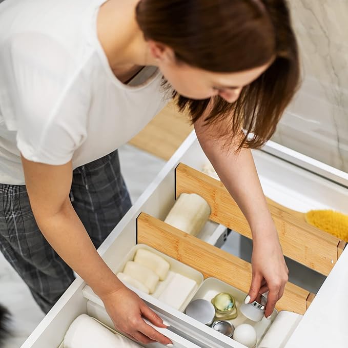 7 Pcs Adjustable Bamboo Drawer Dividers Expandable Drawer Organizers Cutlery Tray Spring Separators Organization for Kitchen Bedroom Bathroom Dresser Office