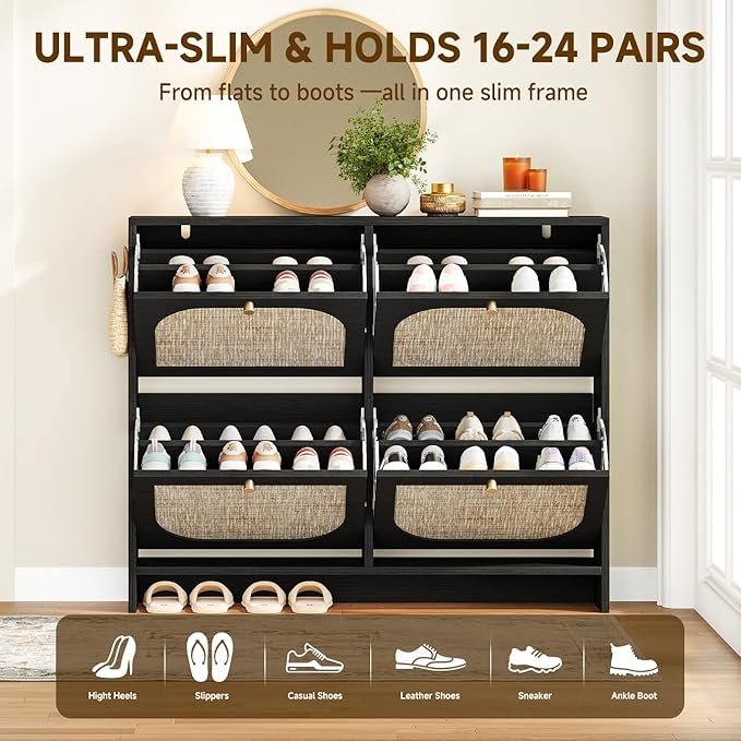 Nicetree Freestanding Arched Rattan Accent Ultra Slim Shoe Cabinet for Entryway - 4 Flip Drawers & 3-Tier Adjustable Shelves, Farmhouse Modern Rustic Shoe Rack for Hallway, Foyer, Living Room