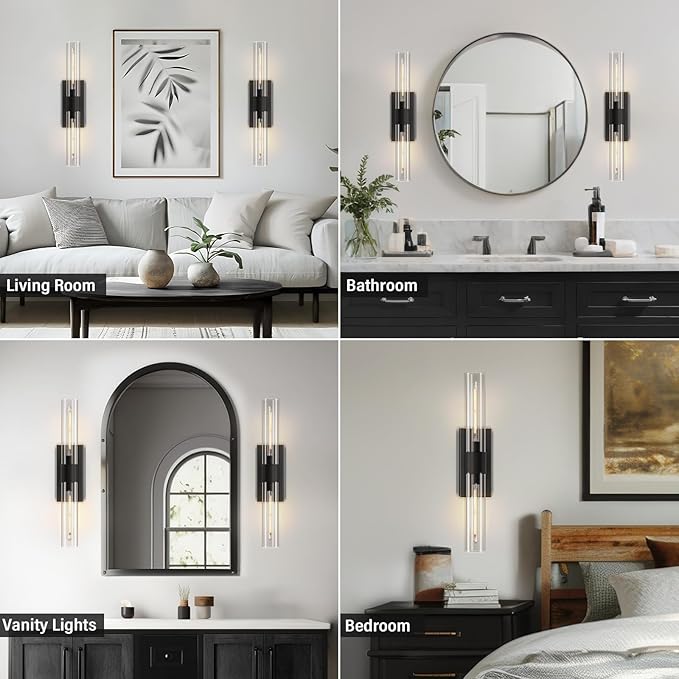 Black Wall Sconce for Bathroom Vanity, Copper Wall Light Fixtures, 22.8" Modern Two Glass Tube Wall Sconce, Indoor Wall Mounted Sconce for Bathroom Mirror, Bedroom, Living Room