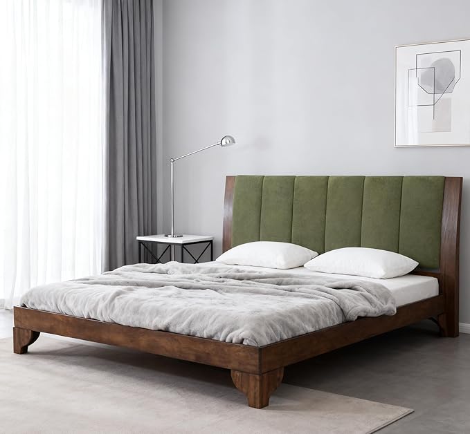 Merax Pine Wood Queen Bed Frame with Headboard, Mid Century Modern Solid Wood Platform Bed Frame Queen Size, No Box Spring Needed, Green+Natural