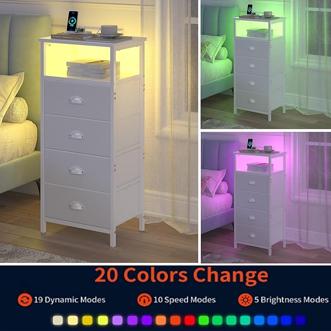 Nightstand with Charging Station,LED White Nightstand with 4 Fabric Drawers PU Finish, Bedside End Tables, 2-Tier Open Storage Shelf Side Table Nightstand with Drawers for Bedroom,White