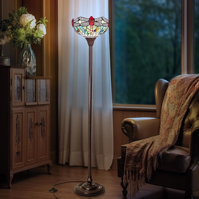 Capulina Tiffany Floor Lamp, Dragonfly Stained Glass Shade, Dark Bronze Pole, Torchiere Standing Light