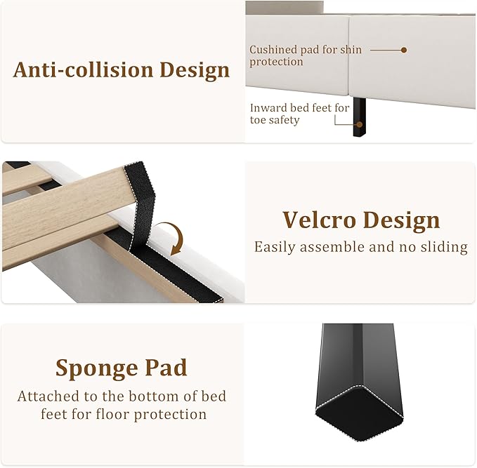 57.5" Tall King Size Upholstered Bed Frame with Rolled Headboard and Footboard, Plaform Bed Frame with Deep Button Tufting, Soft Chenille Fabric, Noise Free, No Spring Box Needed, Beige