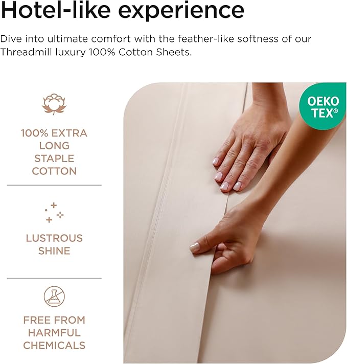 Threadmill 100% Cotton Sheets for Full Size Bed - 600 Thread Count Full Bed Sheets Set with 16” Deep Pocket - Sateen Weave 4-Piece Bedding Set with Cooling Effect, Beige