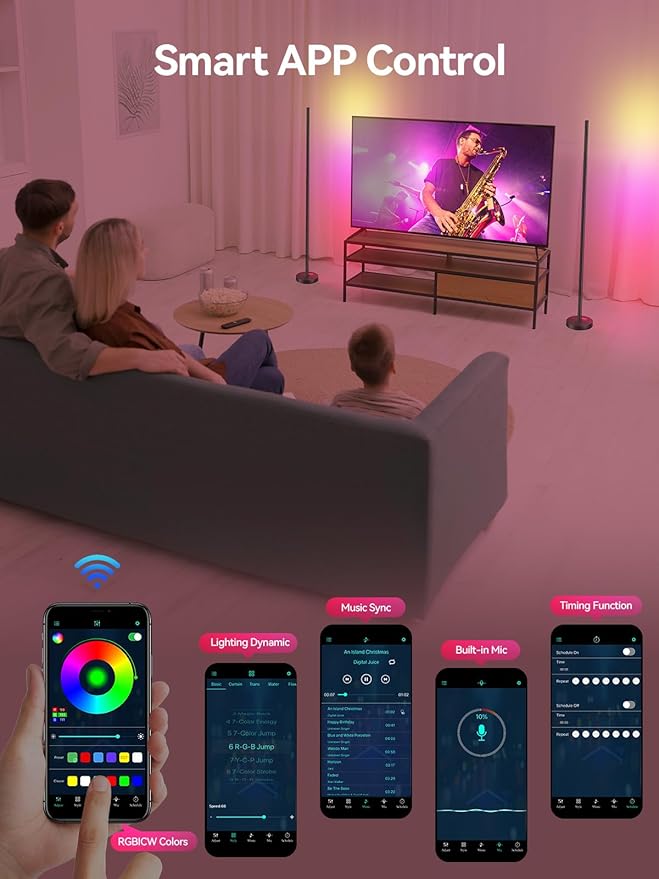 Smart RGBICW LED Corner Floor Lamp - 16 Million DIY Colors, 68+ Scenes, Music Sync, App & Remote Control, Color-Changing Ambient Lighting for Living Rooms, Bedrooms, and Gaming Rooms