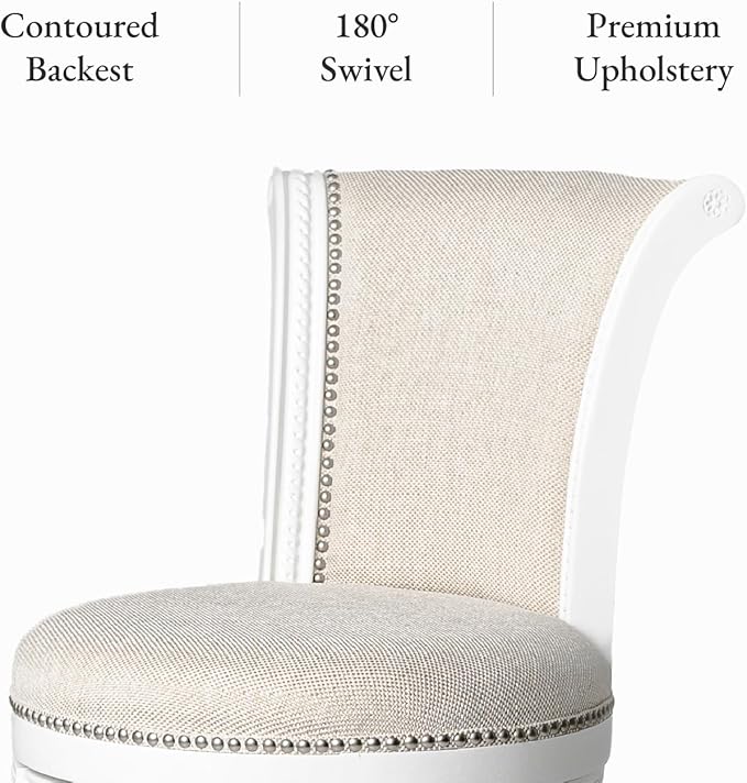 Maven Lane Pullman Counter Stool 26 Inches – Set of 4 – Swivel Stools with Footrest – White Solid Wood Frame & Natural Fabric Upholstery – Perfect for Kitchen Islands & Counters