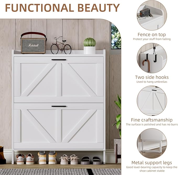 Urban Deco Shoe Storage Cabinet for Entryway, Organizer Shoe Cabinet with 2 Flip Drawers, Elegant 2 Tier Freestanding Shoe Organizer Anti-Tipping Design (White)