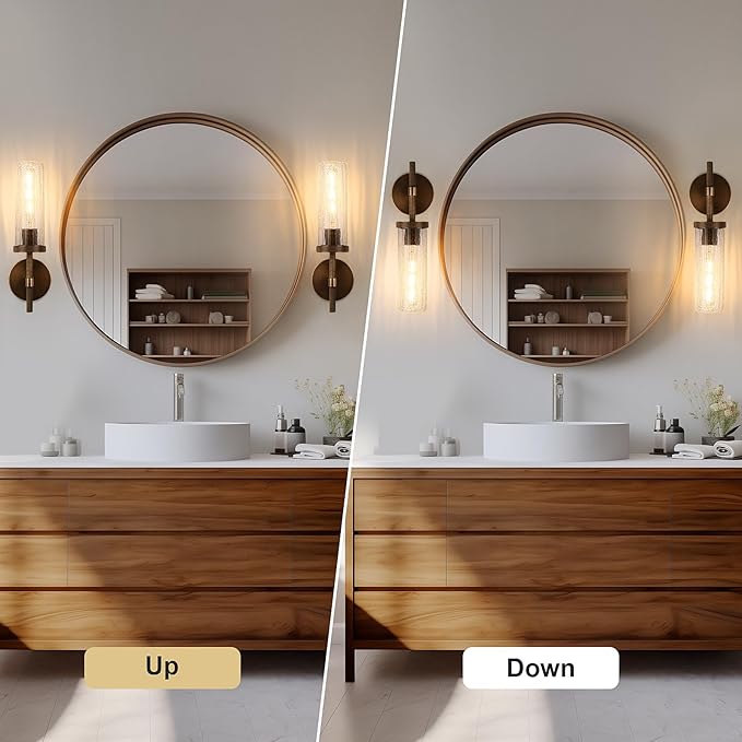 15" Knurled Brass Wall Sconce with Crackle Glass Tube, Bronze Bathroom Vanity Light Fixtures, Modern Lamp Lighting for Bedroom, Living Room, Hallway, Staircase, Mirror, Kitchen