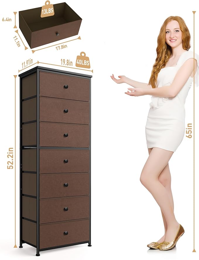 Tall Fabric Dresser for Bedroom, Vertical Storage Organizer Tower with 7 Drawers, Chest of Drawers with Bins, Steel Frame, Wood Top for Bedroom, Closet, Entryway Grey