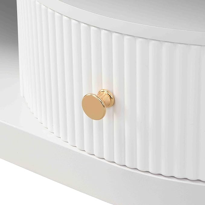 SSLine Luxury Nesting Coffee Table Set with Curved Base Modern Living Room Table Set of 2 Include Oval Coffee Table with Drawer and Round End Table for Living Room Bedroom,White Walnut