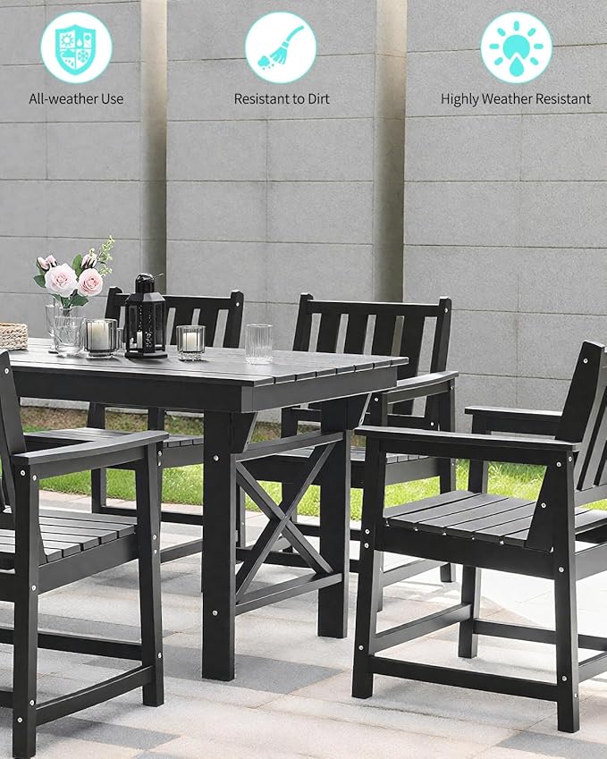 QUASCO 7-Piece Patio Dining Table Sets, Outdoor HDPE Dining Furniture Set with Umbrella Hole Table and 6 Chairs for Poolside, Porch, Yard and Garden, Black