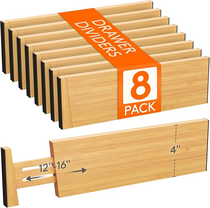 Lifewit 8 Pack Drawer Dividers Bamboo 4" High, 12-17" Adjustable Drawer Organizers for Clothes, Expandable Dresser Separators in Bedroom/Bathroom/Kitchen/Fridge/Office Organization and Storage
