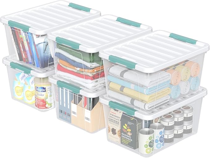 6 Packs 35 L Clear Plastic Latching Bins with Lids, Large Storage Tote Boxes