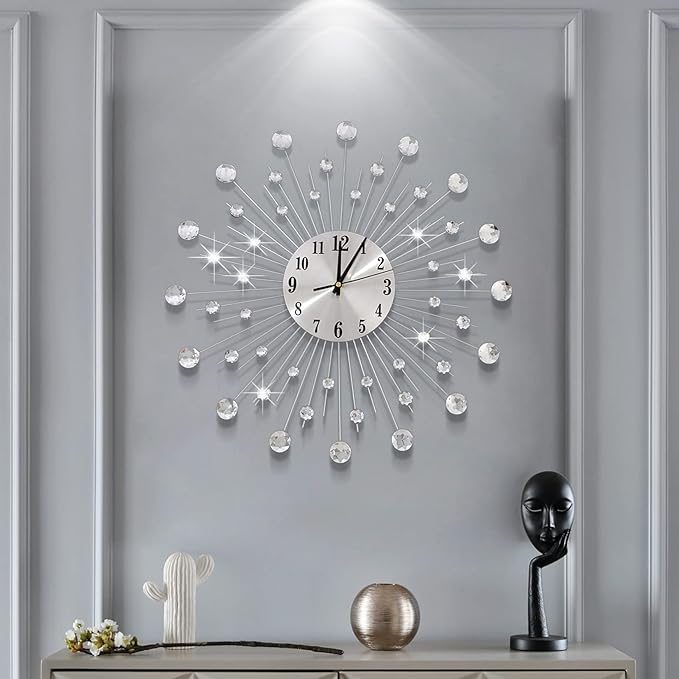 19.7 Inch Large Wall Clock for Living Room Decor, Non-Ticking Quiet Modern Metal Starburst Bling Silver Crystal Wall Clocks Decor for Bedrooms Kitchen Decorative