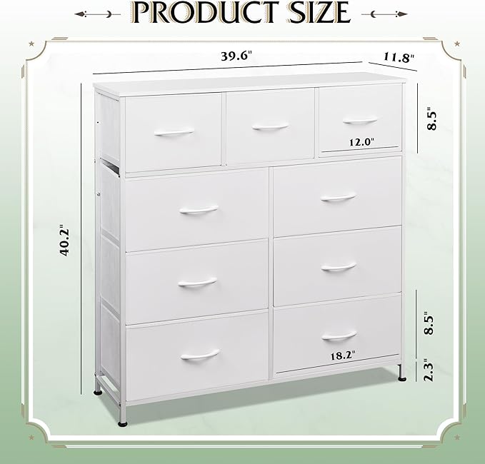 WLIVE 9-Drawer Dresser, Fabric Storage Tower for Bedroom, Hallway, Closet, Tall Chest Organizer Unit for Bedroom with Fabric Bins, Steel Frame, Wood Top, Easy Pull Handle, White
