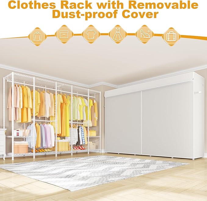 H50C Extra Large Clothes Rack with Cover, Freestanding Portable Closet, Covered Clothing Racks for Hanging Clothes, Heavy Duty Garment Rack, Wardrobe Closet with White Cover Max Load 1350 Lbs
