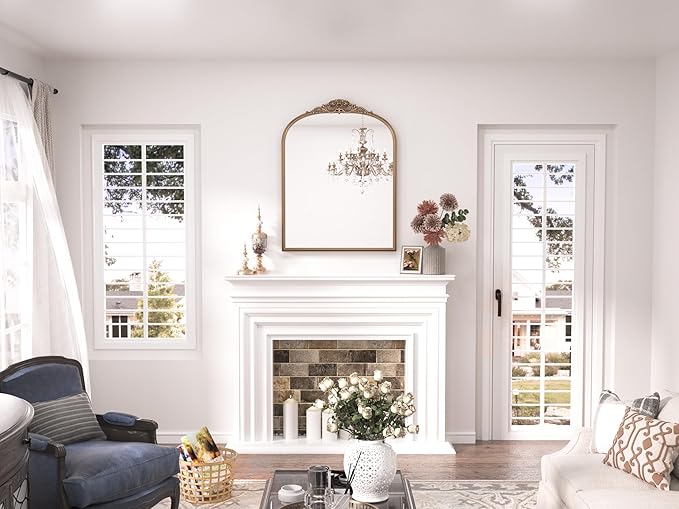 Keonjinn Brass Vintage Arched Mirror for Wall, 24" x 30" Antique Gold Mirrors with Metal Frame, Baroque Style Decoration for Mantle, Bathroom, Living Room, Fireplace, Bedroom, French Cleat Mounting