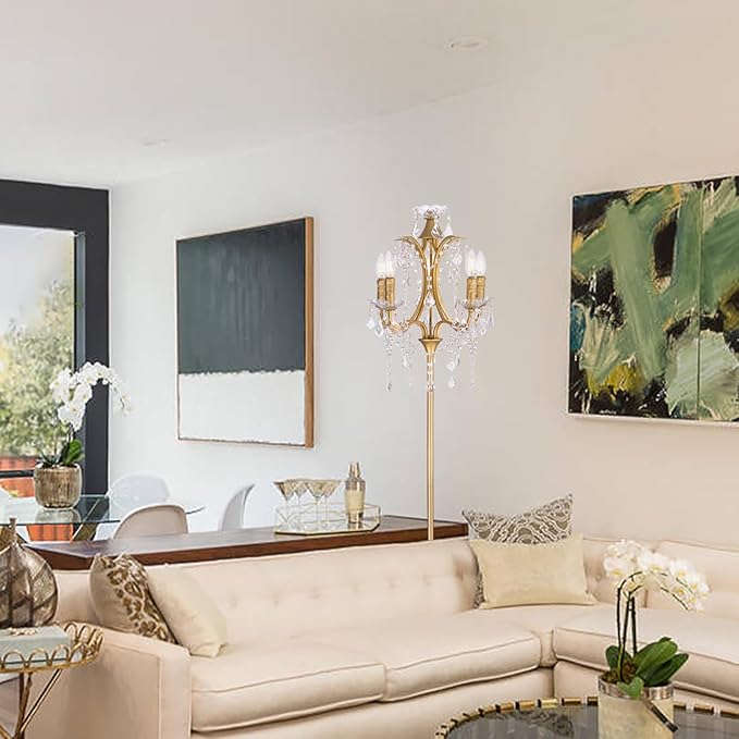 TOCHIC 5-Light Farmhouse Tranditional Crystal Floor Lamp, Gold Craft Candelabra Lighting Fixture 65'' Tall for Living Room, Dining Room, Entryway, Bedroom