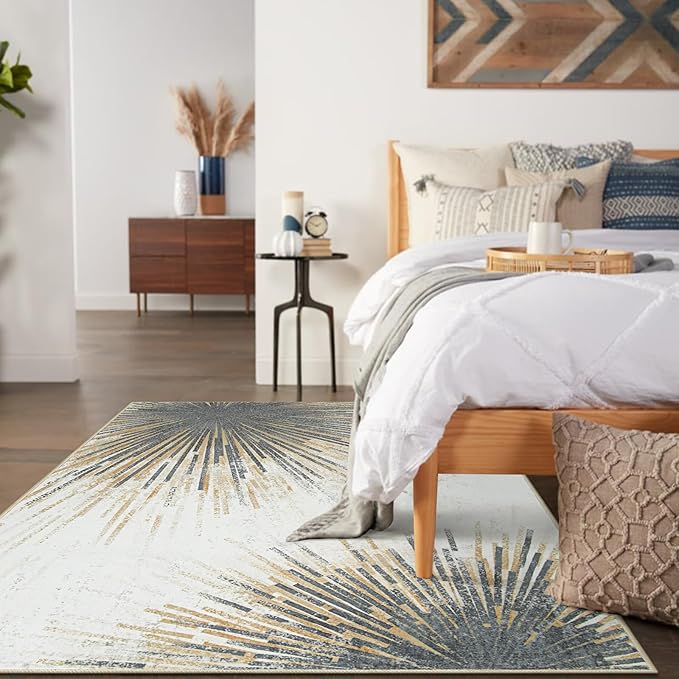 Lahome Modern Living Room Area Rug - 4x6 Rug Washable Non-Slip Soft Bedroom Rugs Ultra-Thin Throw Office Rug, Abstract Print Low-Profile Carpet Rug for Kitchen Laundry Room Entryway (Gold/Gray, 4'x6')