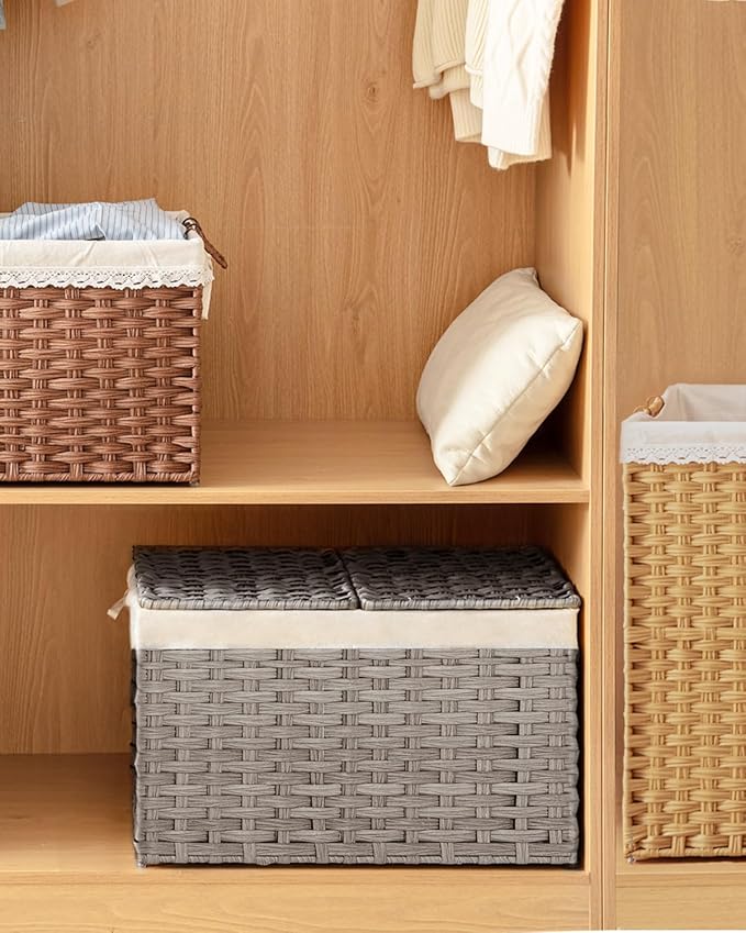 Storage Basket with Lid Rattan Storage Basket with 2 Separate Lid, 27.8 Gallon (105 L) 25.2 * 15.4 * 16.1 Inches Woven Wicker Baskets with 2 Liners and Handles for Bedroom Laundry-Gray