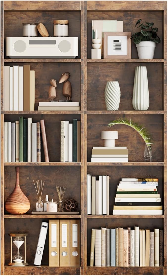 5-Tier Bookcase Set of 2, Open Storage Shelf, Narrow Tall Book Shelf, Freestanding Display Storage Shelves Suitable for Home Office, Living Room and Bedroom, Rustic Brown
