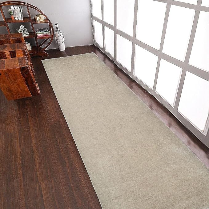 Hand Knotted Loom Wool ECO-Friendly Area Rugs - 2'6"x8', Runner, Beige Color, Solid Plain Design, High Pile Thick Handmade Anti Skid Area Rugs for Living Room, Bed Room (L00111)