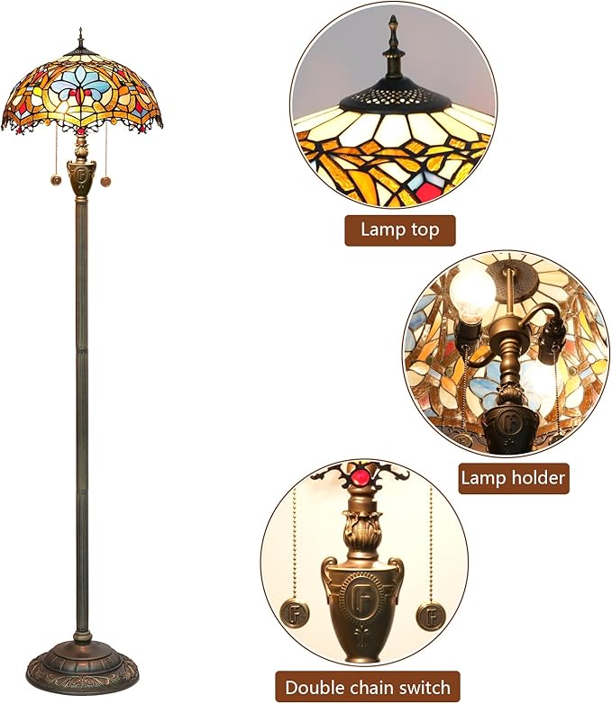 Tiffany Floor Lamp Stained Glass Floor Light Bright Lighting Rustic Standing Lamp Vintage Unique Bronze Reading Corner Lamp for Home Decor Living Room Bedroom 16X16X64 Inches