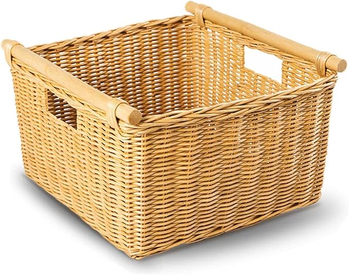 The Basket Lady Deep Pole Handle Wicker Storage Basket, Extra Large, 17.5 in L x 18 in W x 11.5 in H, Sandstone