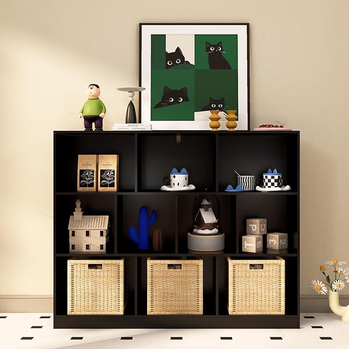 Black Bookshelf, Wooden Bookshelf with Base, Cube Storage Organizer, Bookcase for Living Room,Bedroom,Study and Office(Black, 10-Cube)