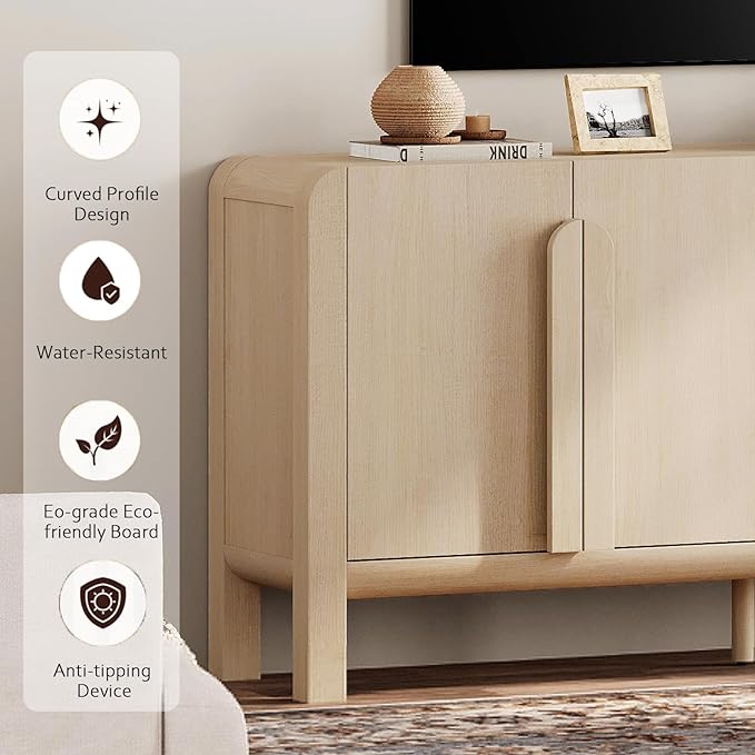 WAMPAT Modern TV Stand for TVs Up to 120 inches, 126" W Farmhouse Entertainment Center with Adjustable Shelf and 4 Doors, Media Console Table TV Cabinet for Living Room, Light Oak