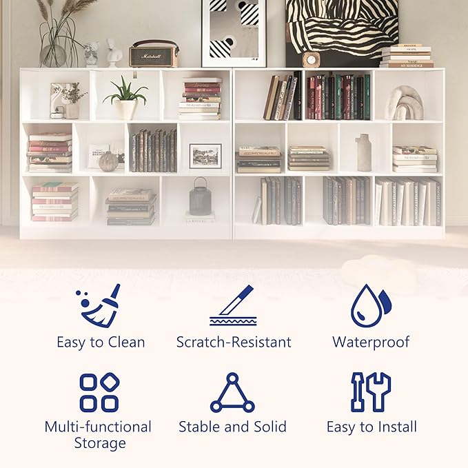 10-Cube Wooden Bookshelf with Base,3-Tier Freestanding Open Storage Organizer,Multi-Functional Bookcase for Living Room,Bedroom,Study and Office (White, 10-Cube)