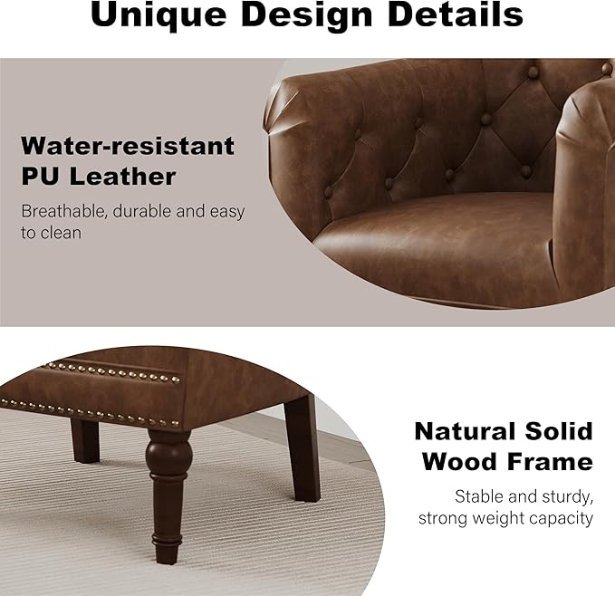 Accent Chair, Upholstered Faux Leather Barrel Chair with Nailed Trim, Comfy Club Armchair for Reading Living Room Bedroom Waiting Room (Rust, Set of 2)