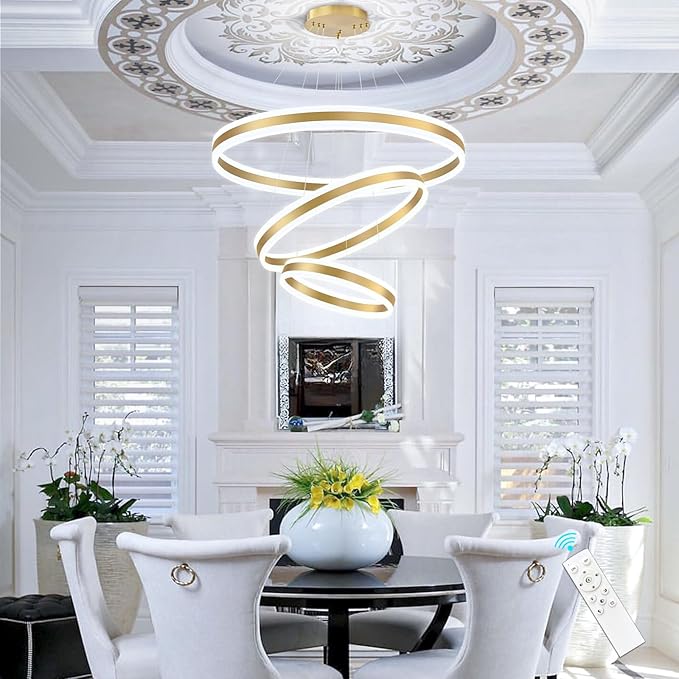 3-Rings Modern Chandelier for Dining Room Gold LED Dimmable Pendant Lightings for Kitchen Island Adjustable Height Flush Mount Ceiling Lighting for Living Room Foyer Hallways 3000K-6000K