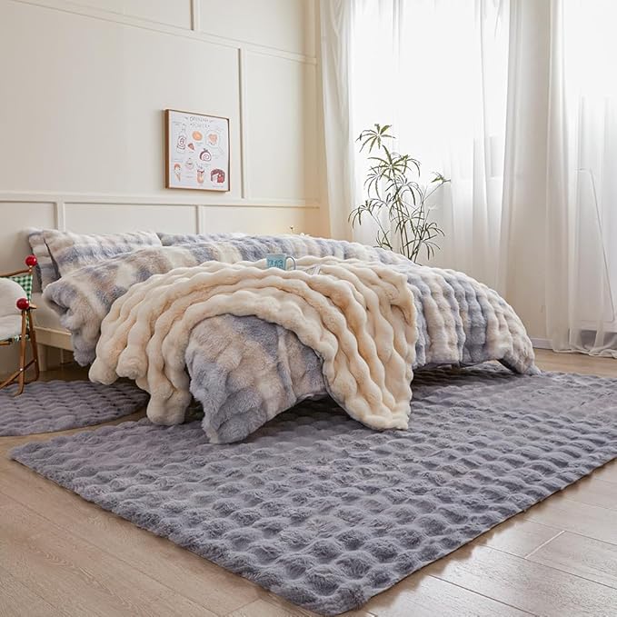 Gray Rabbit Plush Area Rug for Bedroom Living Room Sofa,3'X5' Faux Fur Fluffy Shaggy Rectangular Square Rug for Kids Teen Girls Room,Furry Carpet Rug for Nursery Baby Room Decor for Teenage