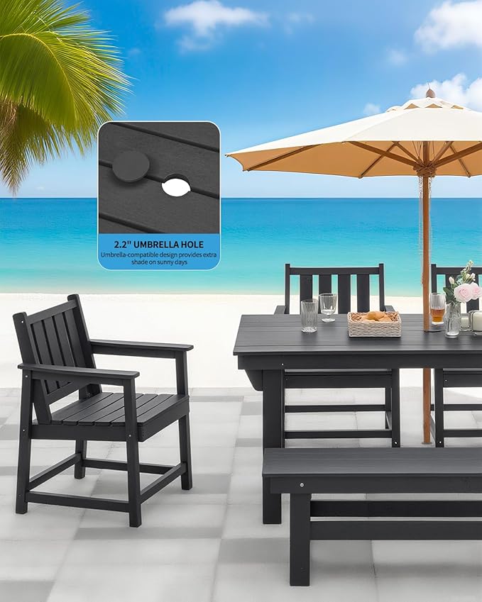 QUASCO Outdoor Dining Set for 6, HDPE Patio Dining Furniture Set with Umbrella Hole Table and 4 Chairs and 1 Bench, All Weather Outdoor Outdoor Dining Bench Sets for Garden, Lawn, Black