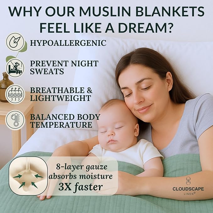 Cloud Scape Linen 100% 8 Layer Cotton Muslin Blanket King Size for Adult, Lightweight & Breathable, All Season Oversized Blanket for Bed, fits California King, 92x108, Seafoam Green