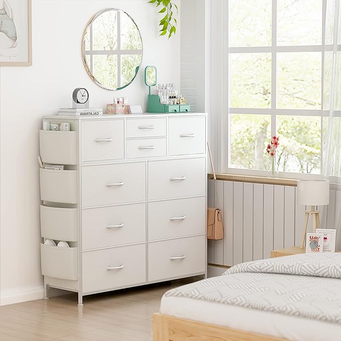 Lulive White Dresser for Bedroom with 10 Drawers, Chest of Drawers with Side Pockets and Hooks, PU Storage Dresser, Organizer Unit for Living Room, Hallway, Closet (White)