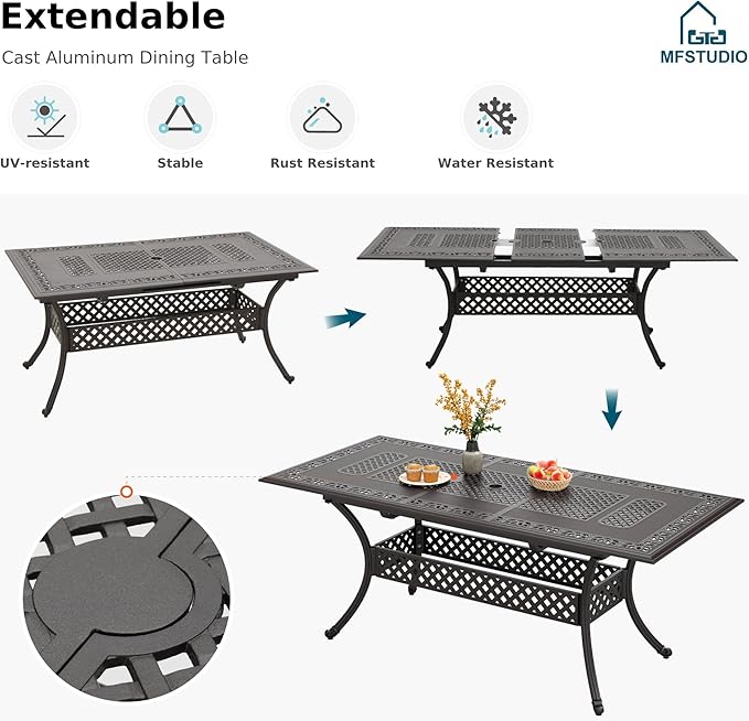 MFSTUDIO 7 Pieces Patio Dining Set, All Weather Patio Furniture Set for 6 with Rectangular Cast Aluminum Table and 6 Wicker Chairs, Outdoor Patio Table and Chairs Dining Set for 6