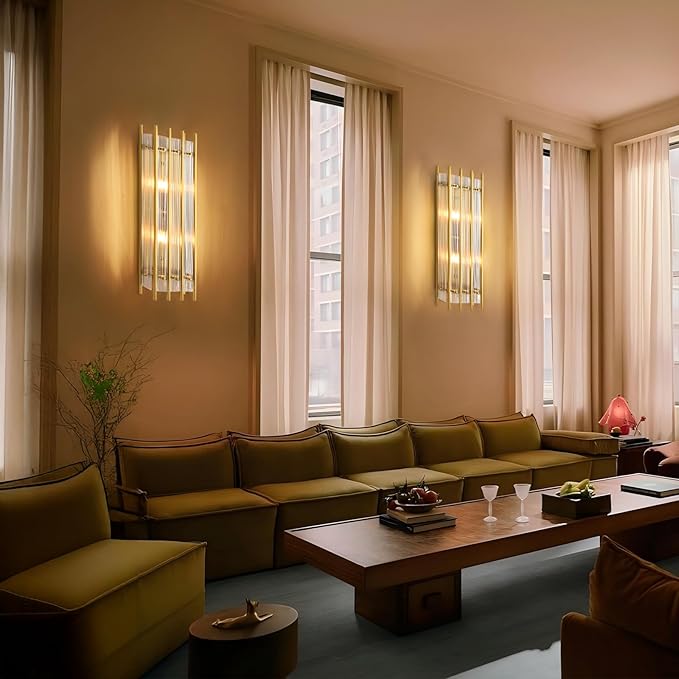 Modern Brass Wall Sconce,25in Grand Rectangular Ribbed Glass Wall Sconces,Indoor Hardwired Gold Wall Sconces for Large Spaces,for Living Room,Hallway,Stairway Sconces Wall Lighting,Included E12 Bulbs