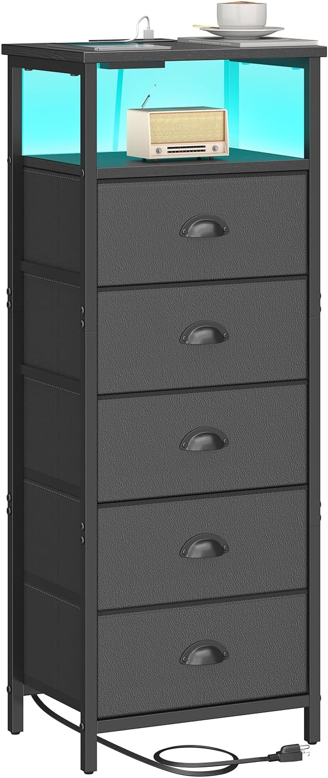 Nightstand with Charging Station,LED Black Nightstands with 5 Fabric Drawers PU Finish, Bedside End Tables, 2-Tier Open Storage Shelf Side Table Nightstand with Drawers for Bedroom, Black