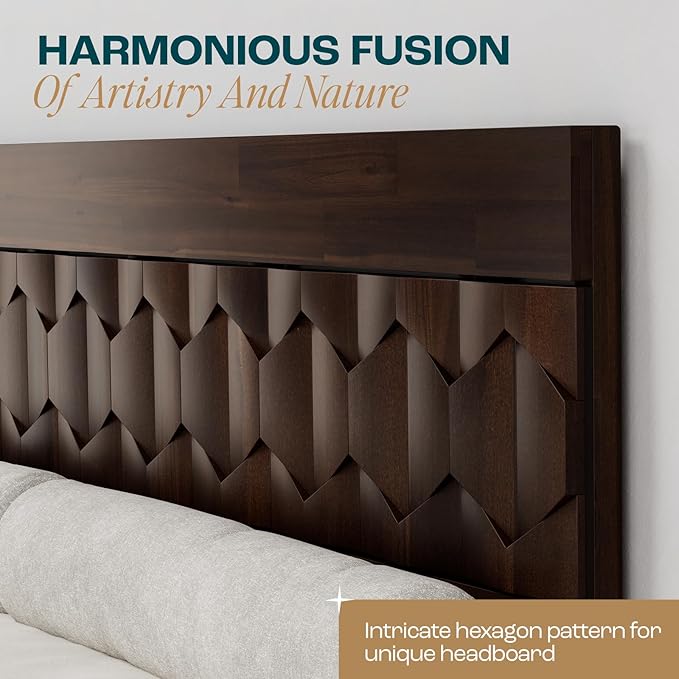 Bme Georgina Signature Bed Frame with Handcrafted Geometric Headboard, Mid Century Modern, Solid Acacia Wood, No Box Spring Needed, 12 Strong Wood Slats Support, Easy Assembly, Walnut, King
