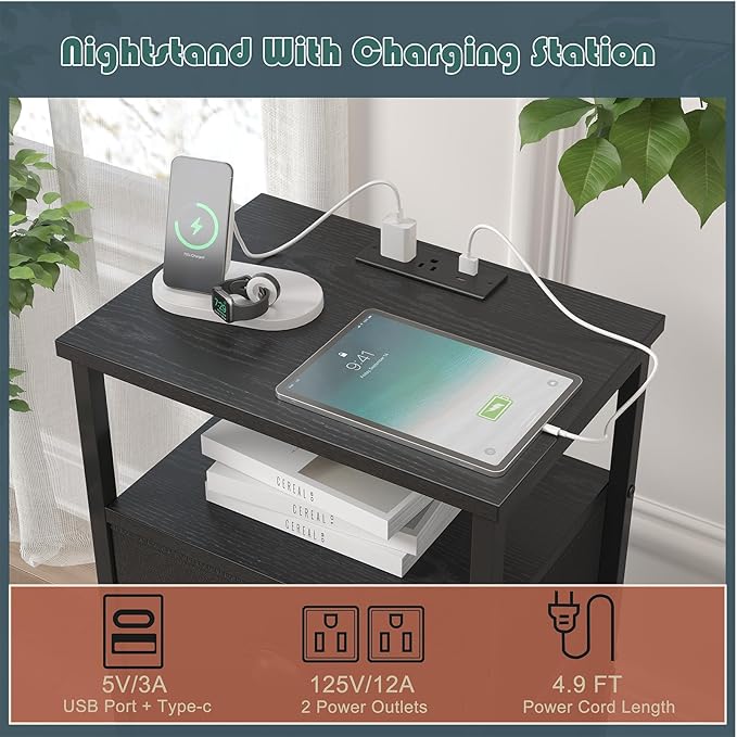 Nightstand with Charging Station,LED Black Nightstand with 4 Fabric Drawers PU Finish, Bedside End Tables, 2-Tier Open Storage Shelf Side Table Nightstand with Drawers for Bedroom,Black