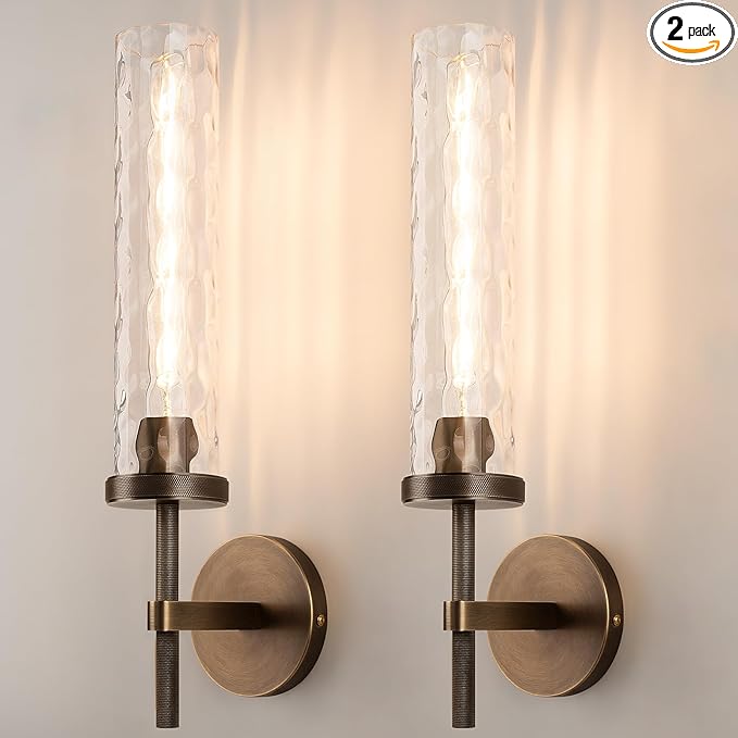 19.5" Knurled Brass Wall Sconces Set of 2, Bronze Bathroom Vanity Light Fixtures with Water Ripples Glass Tube, Modern Lamp Lighting for Bedroom, Living Room, Hallway, Staircase, Mirror, Kitchen